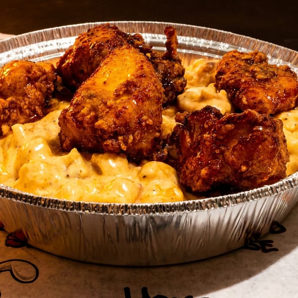 The Munch Star's creamy mac and cheese topped with glazed fried chicken in a foil container.