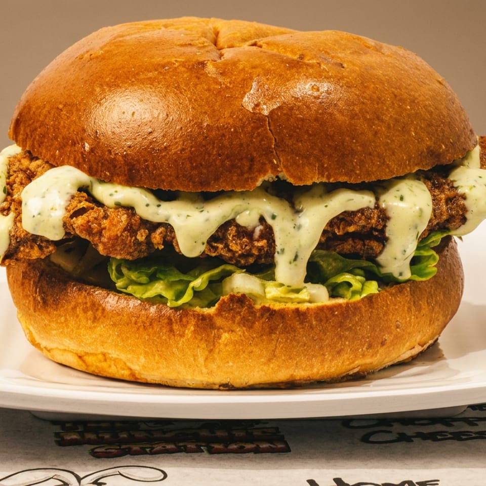 Crispy fried chicken sandwich with green sauce and lettuce on a golden bun, on a white plate.