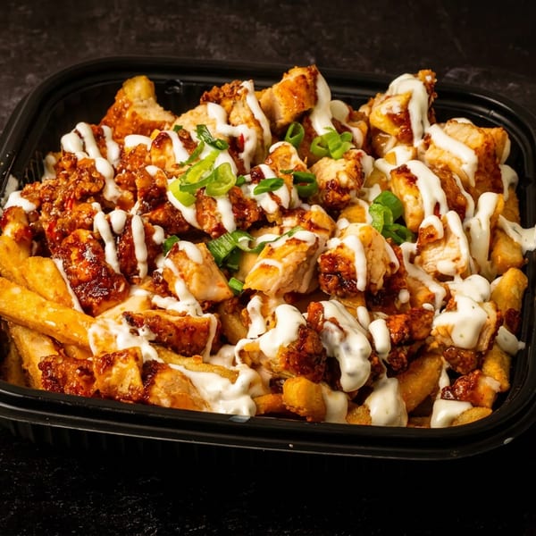 Fries topped with chicken, white sauce, and green onions in a black takeout container.
